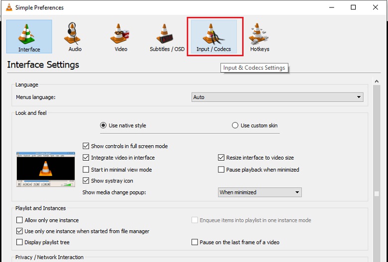 select Input/Codecs