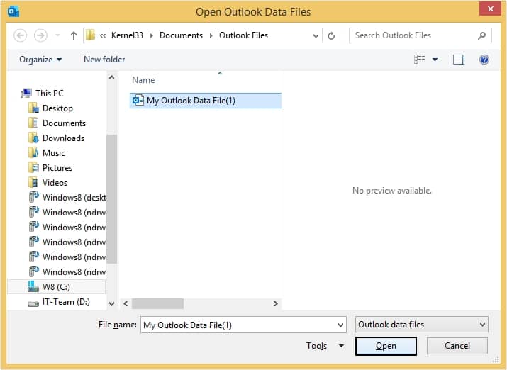 select the PST file and click Open.