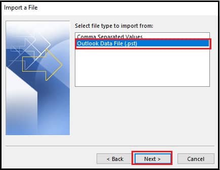 Select Outlook Data File (.pst)