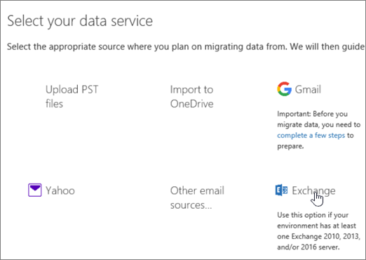 select Migration and click Exchange under the Select your data service