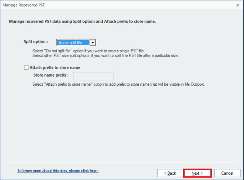 split the PST file after a specific size