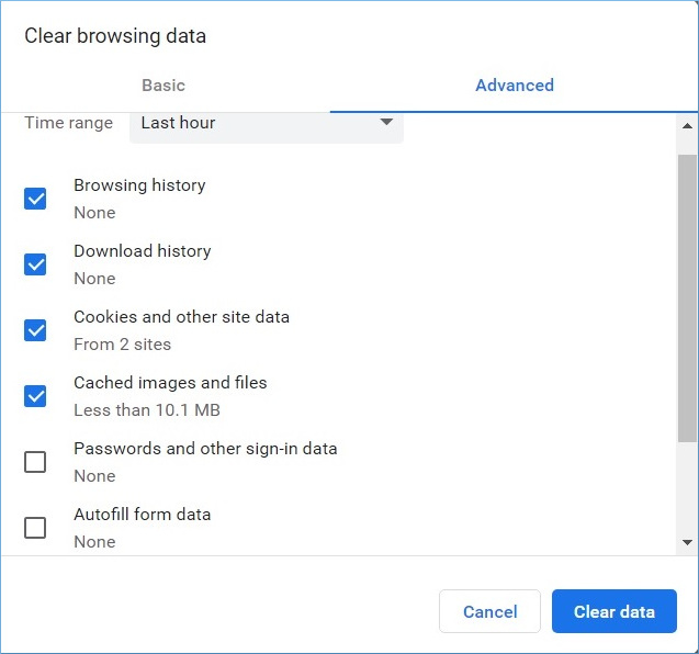 Clear cookies and other site data