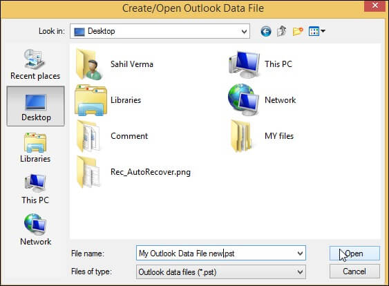 Select the Outlook data file
