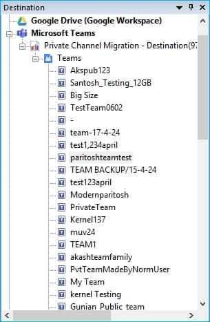 List of teams in destination