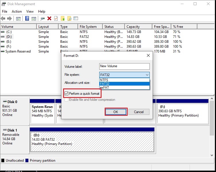 Check the box Perform a quick format