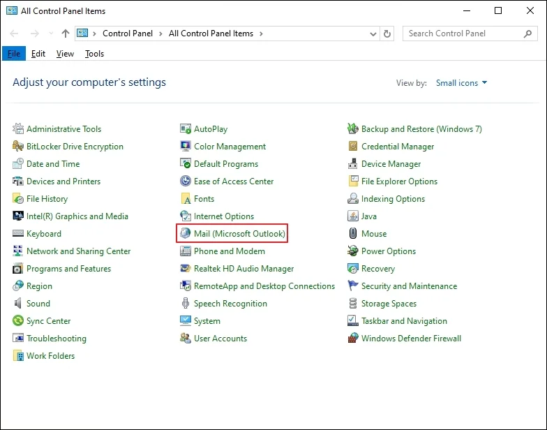 Open control panel and click on Mail (Microsoft Outlook)