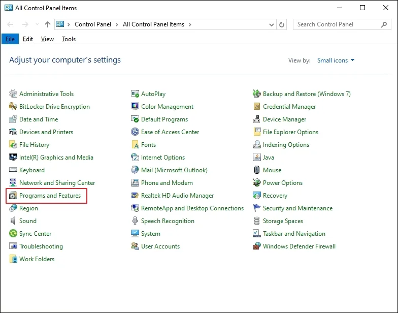 In control panel go to programs and features
