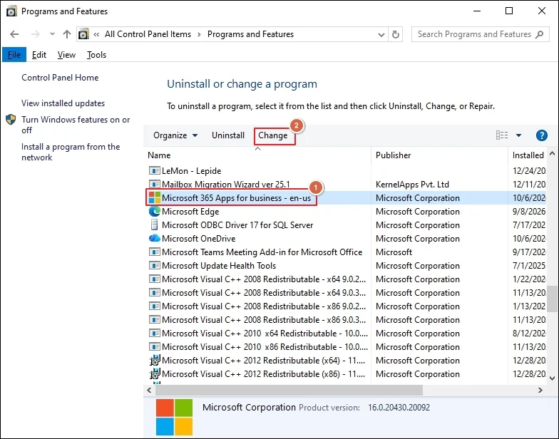 Select microsoft office and click change