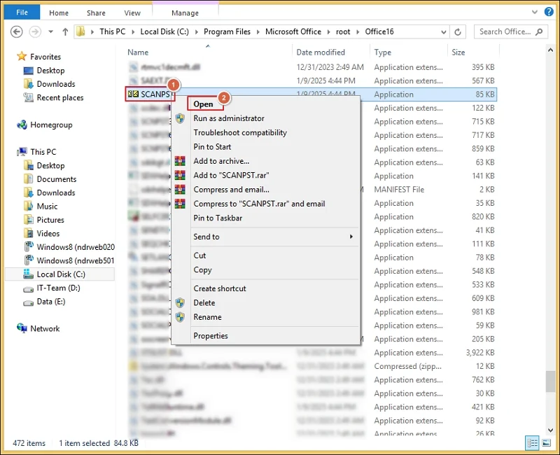 Open the scanpst tool