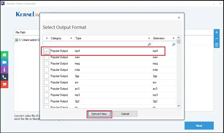Select the video format and click on  convert now