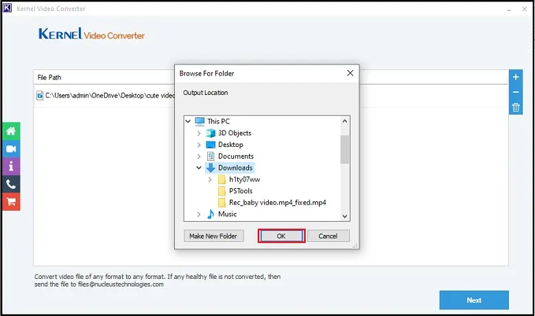 Provide destination and click ok