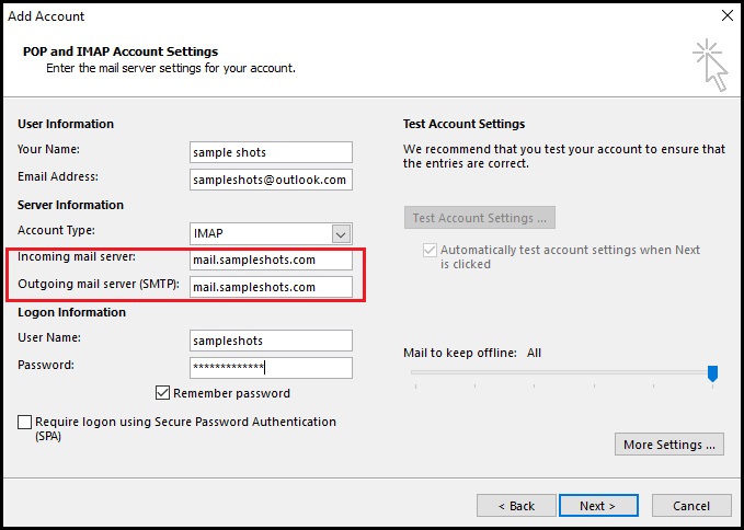 Verify that Incoming and Outgoing mail server