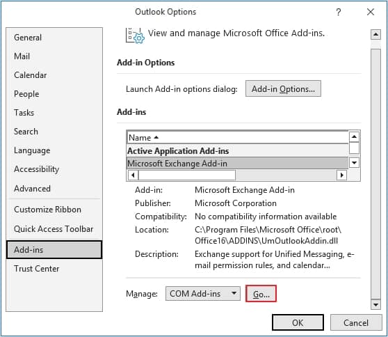 Now, select the Add-ins option, then click Go opposite the Manage