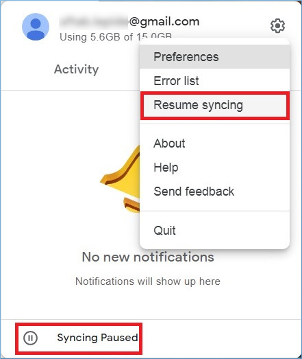 click the Resume syncing option.