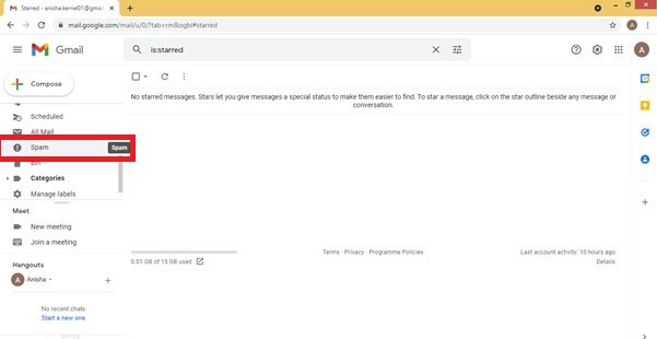 scroll down and select the Spam