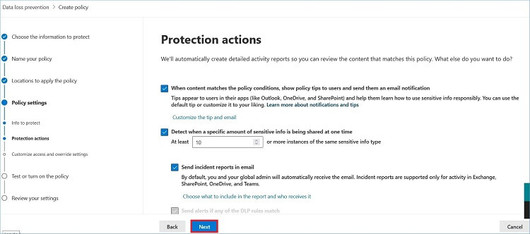 Select the protection actions then click next