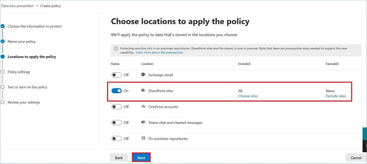 Choose locations to apply the policy