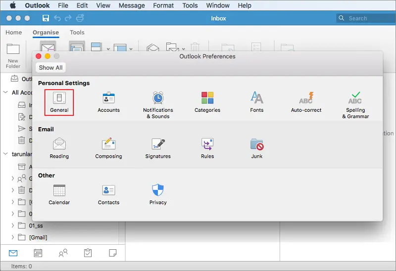 Click on general under personal settings