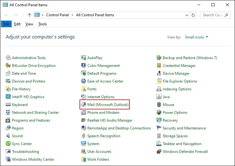 Go to Control Panel and select Microsoft Outlook