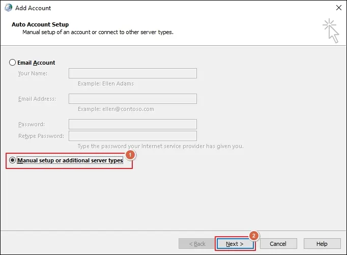 Choose Manual setup or additional server types and click Next