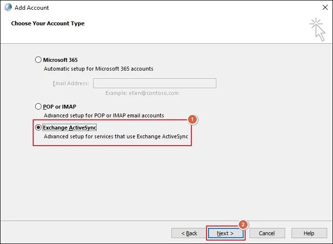 Select exchange active sync and click next