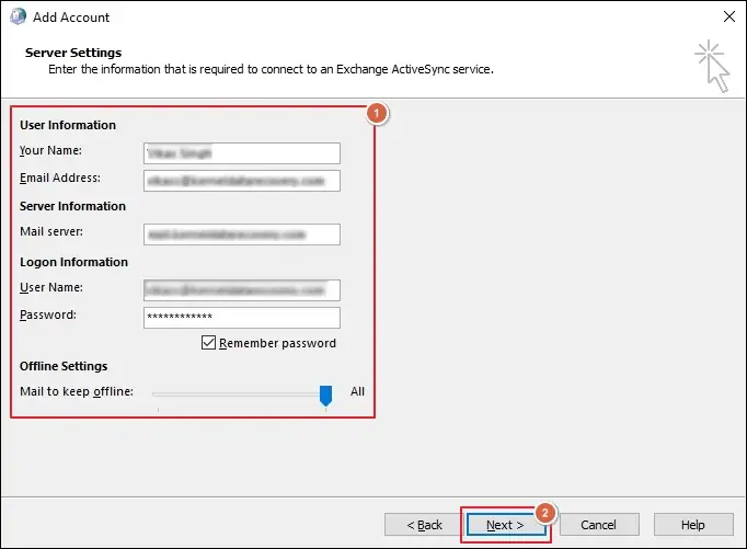 Enter server settings and click next