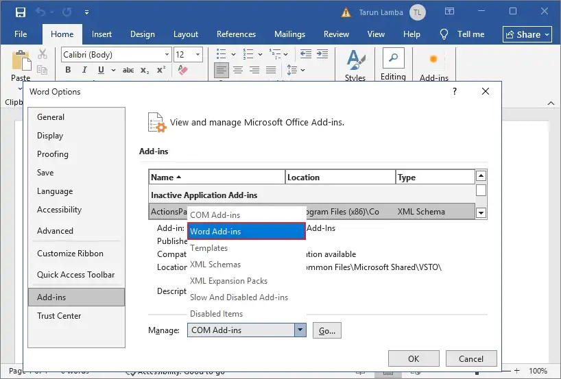 Go to Add-ins and select Word Add-in from the Manage drop-down menu. Tap on Go.
