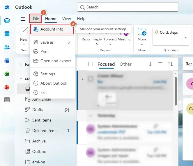 Go to file then account info