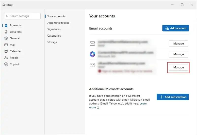 Go to accounts then manage