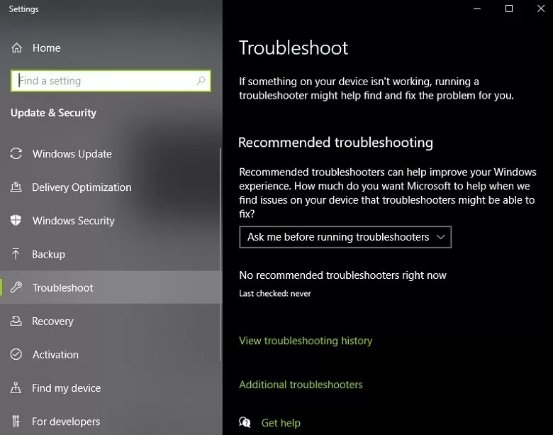 troubleshoot option