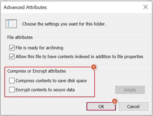 uncheck encrypt contents