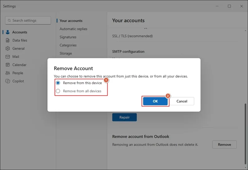 Confirm remove your account option and click ok