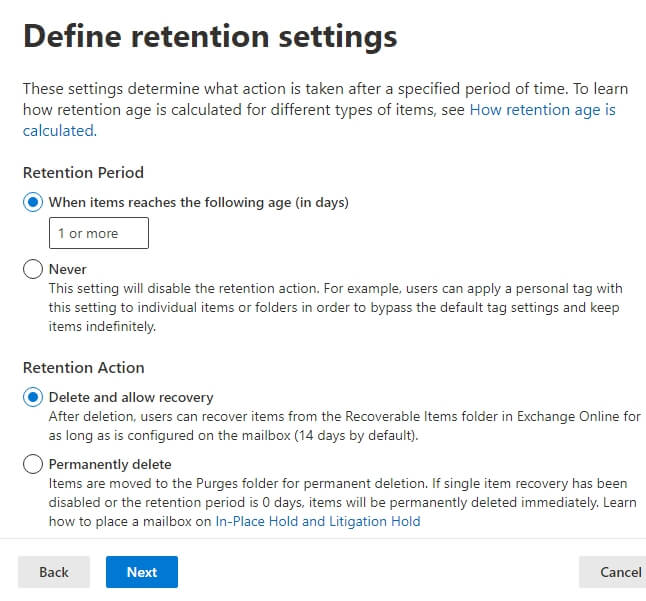 Define the retention settings