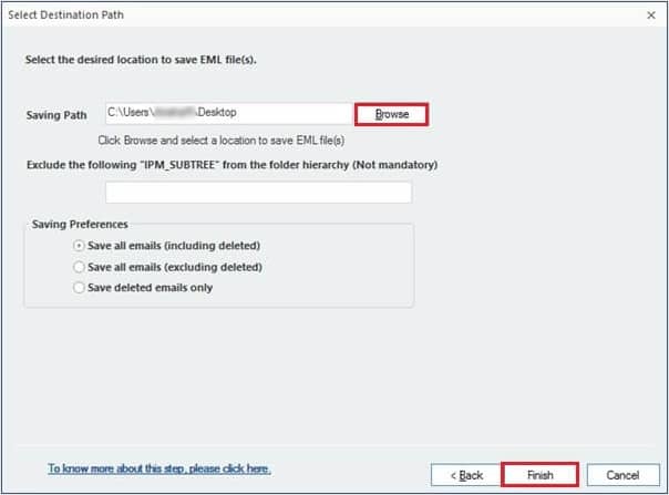 select the desired location to save EML file