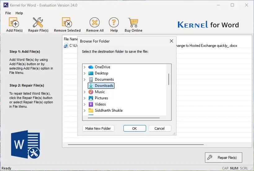 Now choose a location to save the repaired documents anywhere on your system Click on OK
