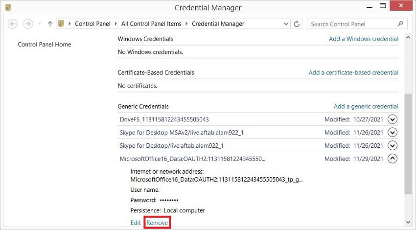 Remove delete the credentials of MS Office Suitev 