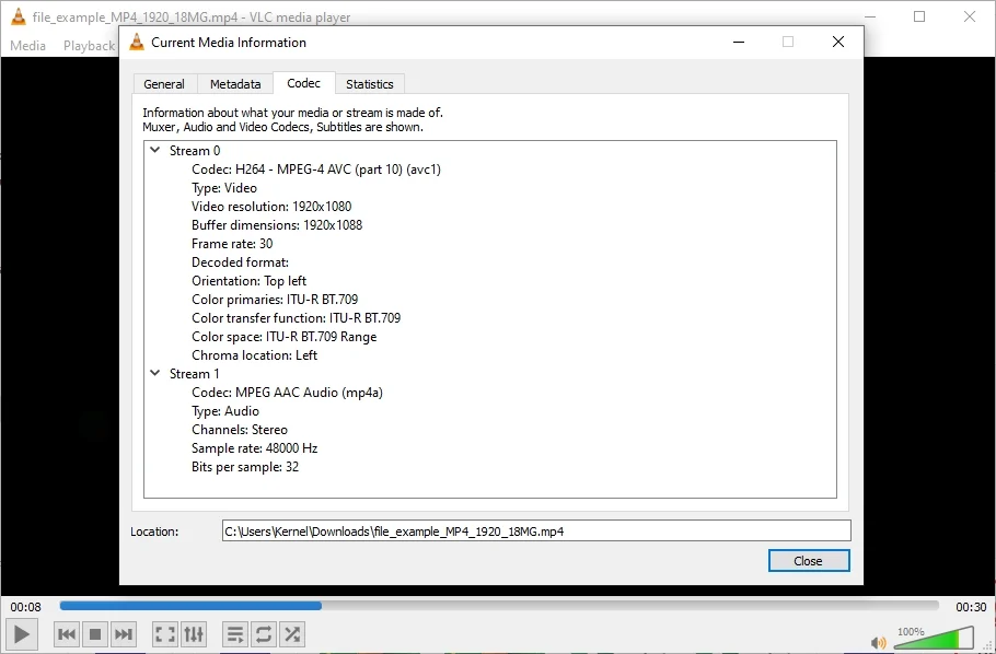Open VLC go to codec and check all the detail