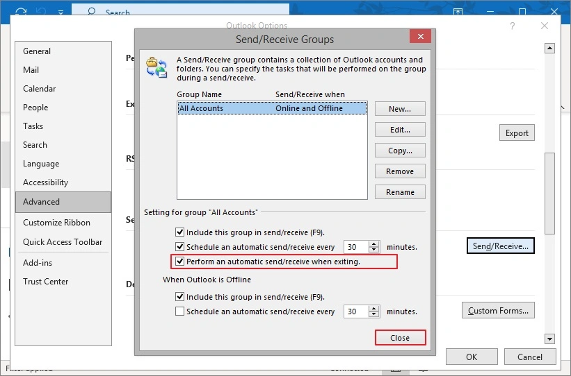 Enable the Perform an automatic send receive when exiting option