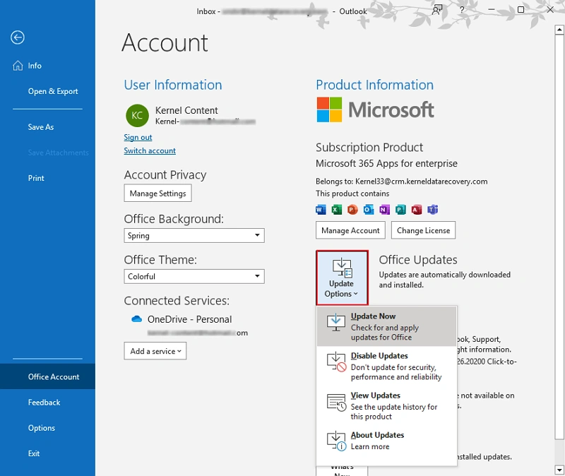Go to Office Account and tap on Update Now