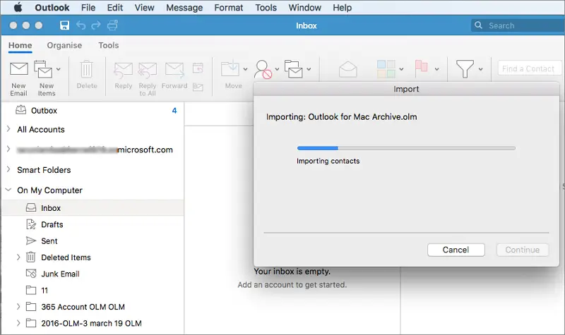 Outlook will start importing your mailbox data