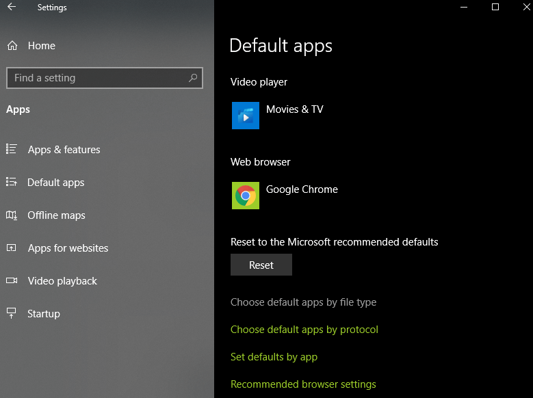 Choose default apps by file type