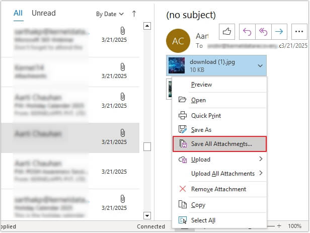 Open Outlook and select the email messages with attachments 