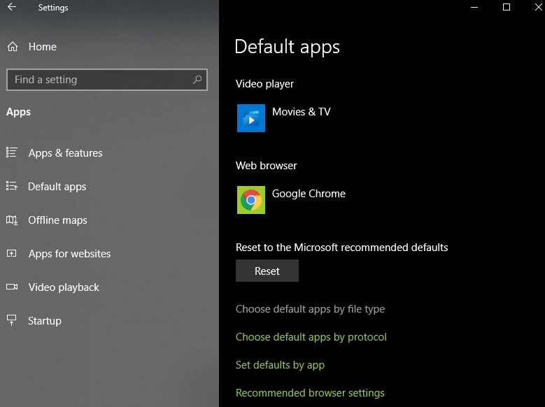 click on Choose default apps by file type
