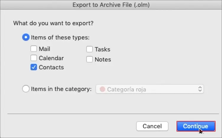 Now export the olm file into each item