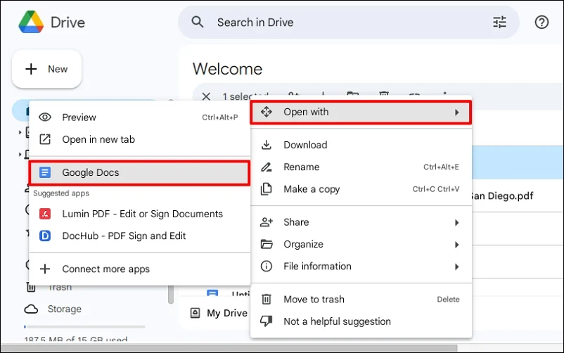 tap on open with and choose google docs 
