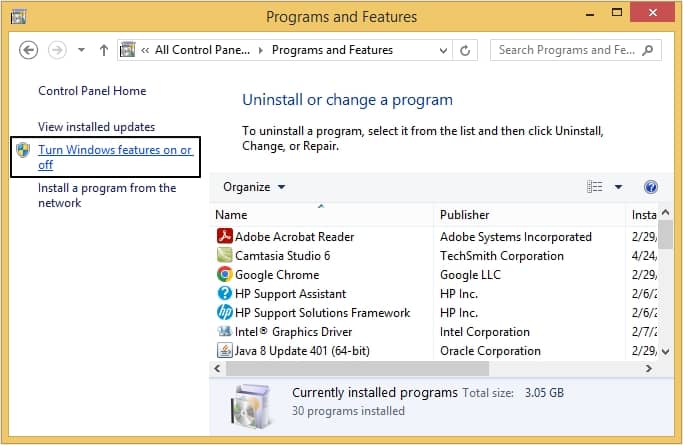 Turn Windows feature on or off