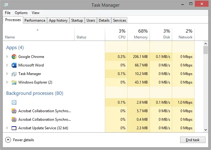 see current running applications In the Processes tab
