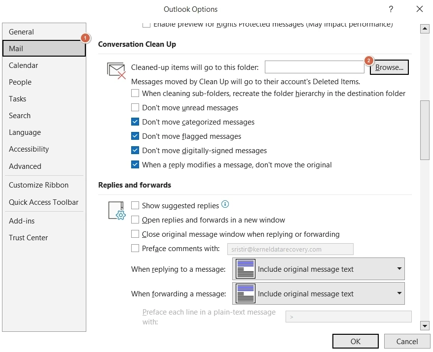 Outlook Options > Mail screen showing Conversation Clean Up settings with the Browse button for choosing a deleted items folder.