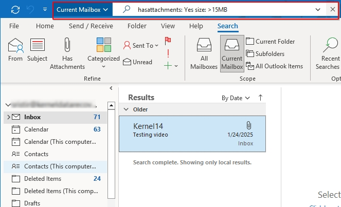 search for large attachments in search bar