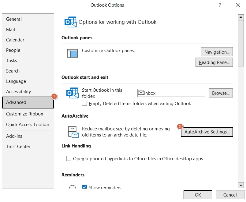 click advanced then autoarchive setting then ok